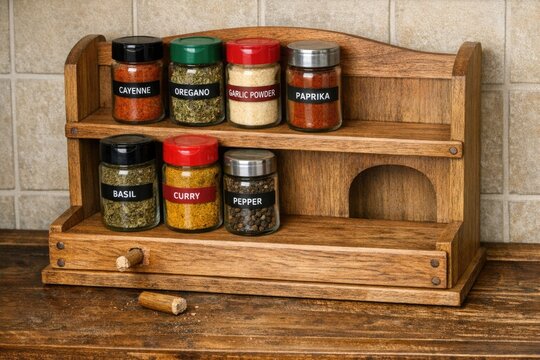 A plain photograph of a household spice rack.