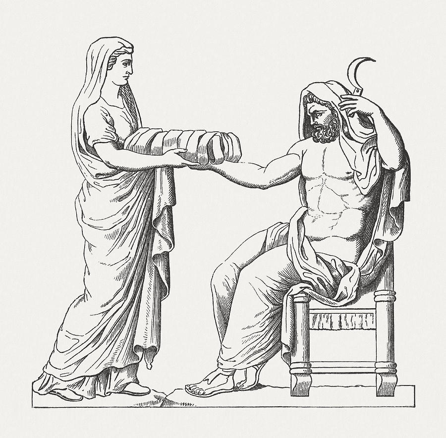 Rhea presents the swaddled stone to Cronus: a stone standing in for a person. Wood engraving, nineteenth century.